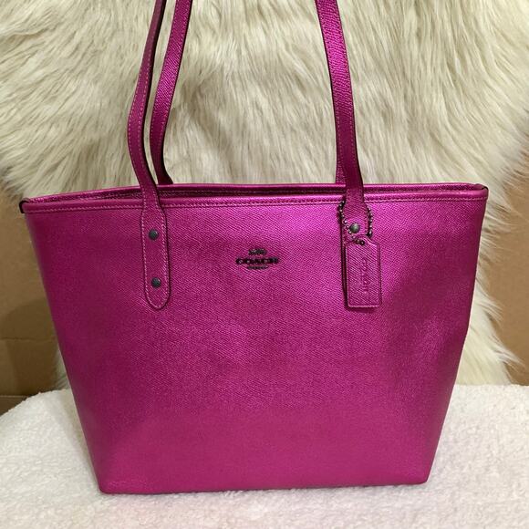 COACH Large Metallic CERISE Pink CITY TOTE Shopper Bag F16224 - Picture 1 of 16